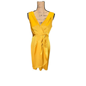 Nanette Lepore gold sleeveless midi dress, tulip skirt, v neck, size 8